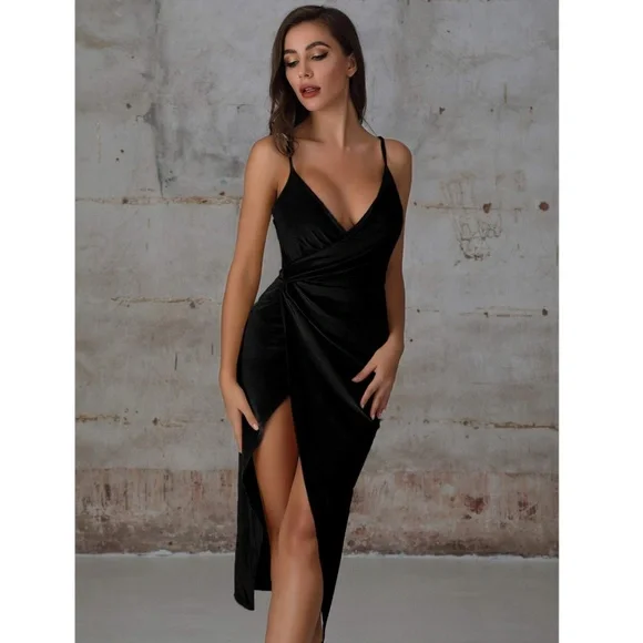 Black Velvet Wrap Cami High Slit Asymmetric Dress - Picture 4 of 13